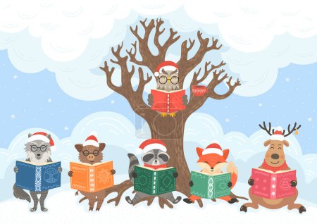 Téléchargez les illustrations : Les animaux lisent des livres dans la forêt d'hiver sous un grand arbre. - en licence libre de droit