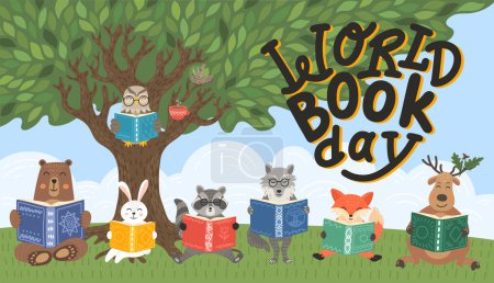 Welttag des Buches. Tiere lesen Bücher unter großem Baum im Wald. 