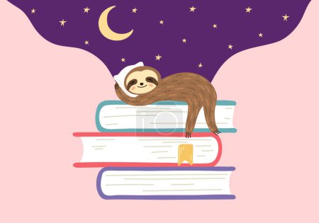 Illustration for Cute sloth naps tight on books. - Royalty Free Image