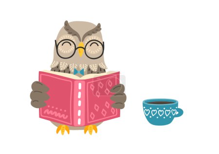Owl reads book with cup of tea.
