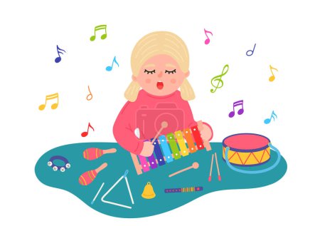 Téléchargez les illustrations : Fille chanter chanson et jouer xylophone sur la table - en licence libre de droit
