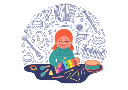 Téléchargez les illustrations : Fille jouer xylophone à la table avec des instruments de musique doodle. - en licence libre de droit