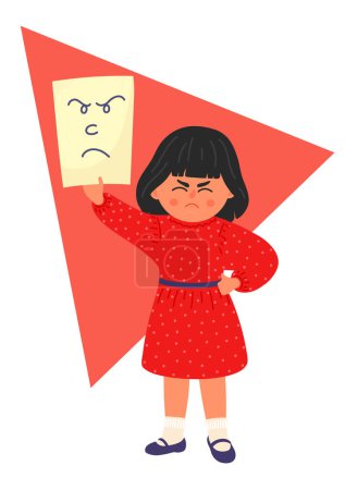 Illustration for Angry girl holds piece of paper with drawn angry face. - Royalty Free Image