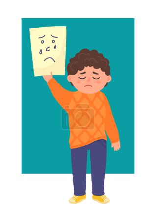 Illustration for Sad boy holds piece of paper with drawn sad face - Royalty Free Image