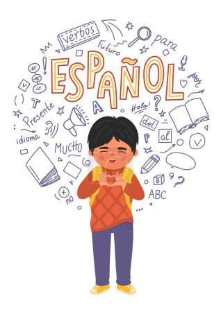 Illustration for Espanol. Translation "Spanish". School child making heart shape - Royalty Free Image