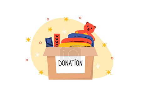 Charity donation. Cute donation box with clothes, books and toy. Vector illustration.