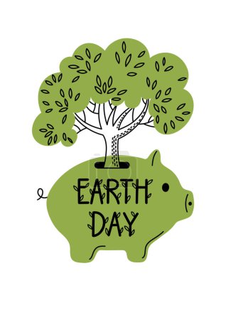 Illustration for Earth day. Save nature concept illustration. Tree saving or accumulating in green piggy bank with hand drawn lettering. - Royalty Free Image