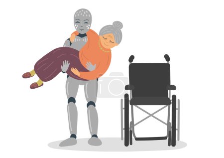 Illustration for Robot gives home health aid. Elder care worker helping senior woman to sit in wheelchair. AI carrying elderly woman. Futuristic concept. Dementia. - Royalty Free Image