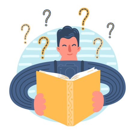 Illustration for Man reading book and question marks. - Royalty Free Image