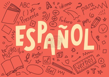 Téléchargez les illustrations : Espanol. Translation "Spanish". Language hand drawn doodles and lettering. - en licence libre de droit