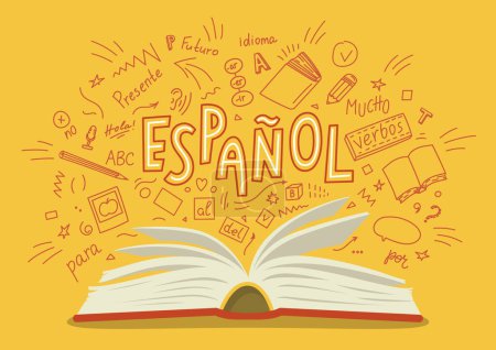 Téléchargez les illustrations : De l'espanol. Traduction "Espagnol". Livre ouvert avec griffes et lettrage dessinés à la main. - en licence libre de droit