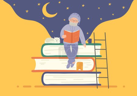 Schlaflosigkeit. Älterer Mann im Pyjama sitzt auf Bücherstapel und liest 