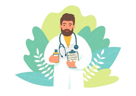 Arzt, Homöopath mit Medikamentenglas mit Pflanzen im Hintergrund. Homöopathische Medizin