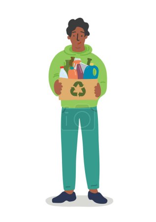 Illustration for African man holding cardboard box full of different kind waste. - Royalty Free Image
