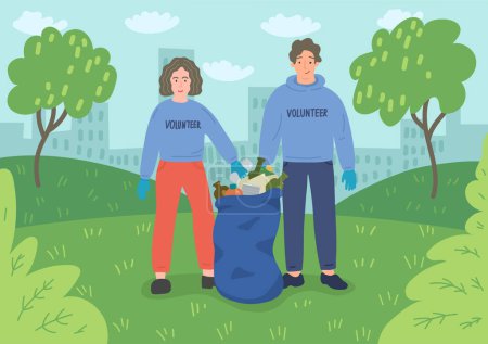 Ilustración de Jóvenes voluntarios limpian parque de la ciudad. - Imagen libre de derechos
