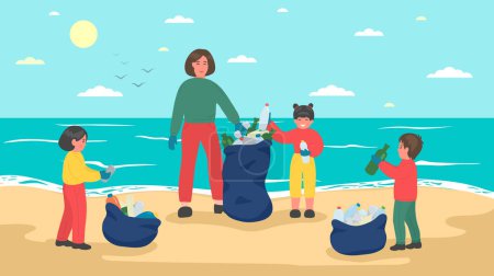 Ilustración de Grupo de niños con mujer limpiando playa de mar - Imagen libre de derechos