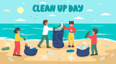 Ilustración de Grupo de niños limpiando la playa. - Imagen libre de derechos
