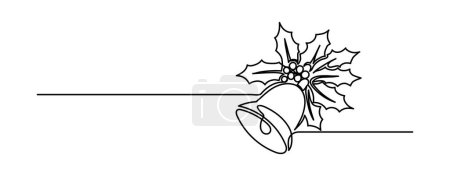 Christmas bell and holly.  Continuous line drawing.