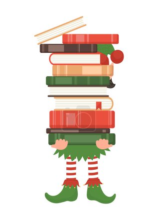 Christmas books. Elf holding stack of books. 