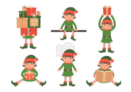 Téléchargez les illustrations : Elfe de Noël avec ensemble cadeau. - en licence libre de droit