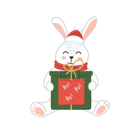 Weihnachtsgeschenk. Neujahrsgeschenk. Niedliche Kaninchen in Weihnachtsmütze hält Geschenkbox
