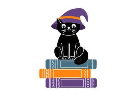 Téléchargez les illustrations : Black cat in witch hat on stack of books. - en licence libre de droit