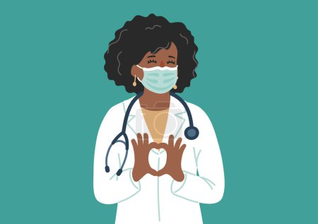 African-american doctor in medical mask makes heart shape. Female physician love with her job.
