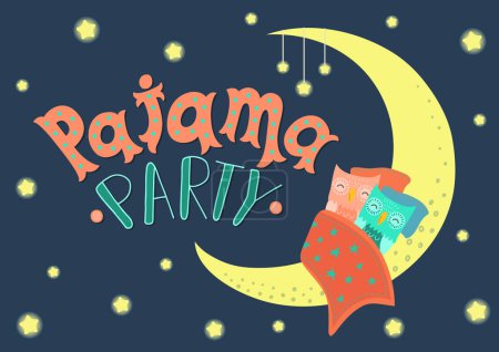 Pajama Party. Sweet charming owlets at night on the moon under starry sky.