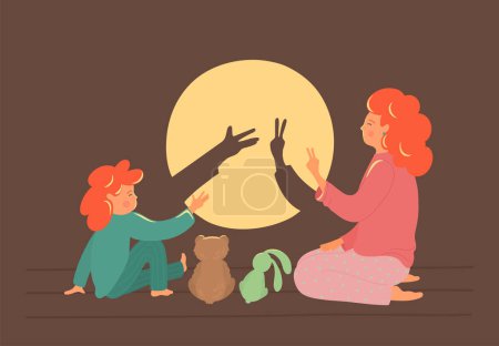 Illustration for Bedtime story. Mother and child playing shadow theatre in the evening. - Royalty Free Image