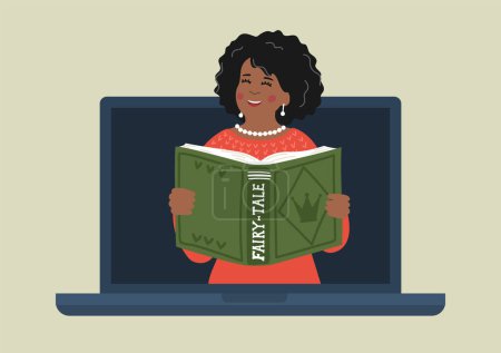 Téléchargez les illustrations : Africaine etnicity femme lecture conte de fées en ligne. - en licence libre de droit