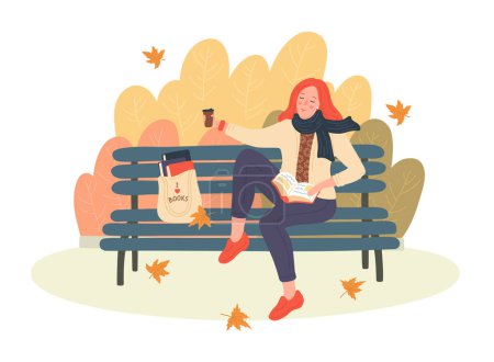 Frau liest Bücher im Herbstpark. 
