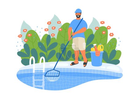 Entretien de piscine. Nettoyant piscine dans le jardin.