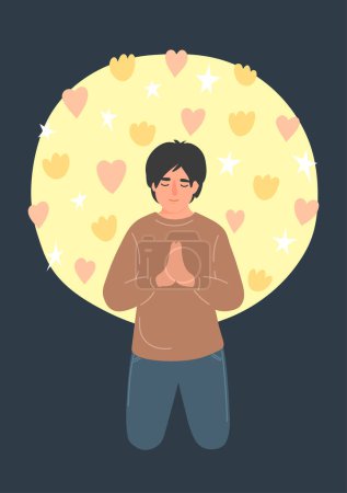 Praying man. Happy guy with closed eyes sincerely prays on his knees. Religion, Christianity, faith concept.