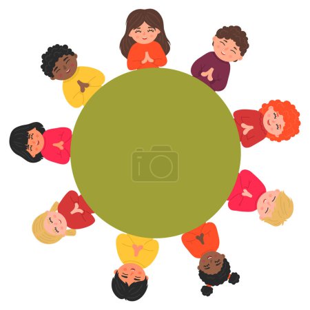 Illustration for Praying children circle. Religious schools. Children's Christian catechesis. Place for your text. - Royalty Free Image