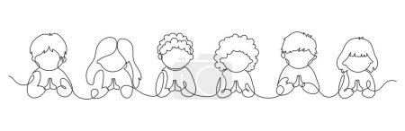 Illustration for Praying children. Continuous line drawing. Religion education frame border. Children's Christian catechesis. Bible school. - Royalty Free Image