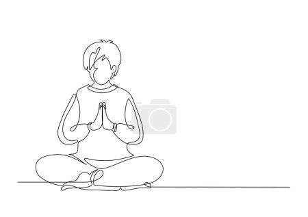 Hombre rezando en pose de loto. Línea continua. Religión, fe, concepto de meditación.