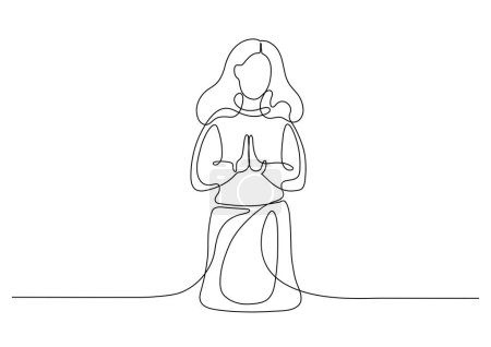 Mujer rezando. Línea continua. Religión, cristianismo, concepto de fe.