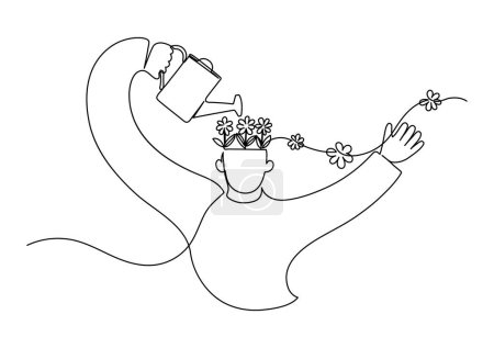 Photo for Selfcare, personal self-development concept. Positive thinking, mindfulness, psychology therapy. Man watering his head from which grows flowers. Continuous line drawing. - Royalty Free Image