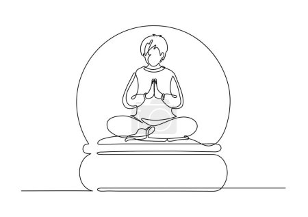 glass globe with praying man in lotus pose. Continuous line. Calm, balance, religion, faith, meditation concept.