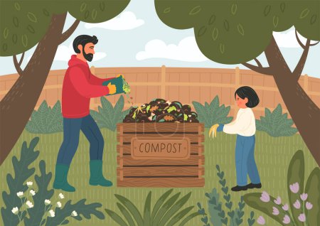 Compostaje. Hombre y chica haciendo compost al aire libre en el jardín del patio trasero. Padre enseña a los niños a reciclar residuos biodegradables orgánicos.