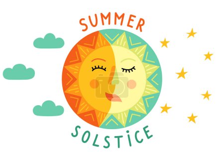 Sommersonnenwende. Sonne und Mond Gesicht Symbol mit handgeschriebenem Text.