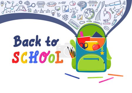 Photo for Back to school. Open school backpack full of stationery with school subject doodle and hand drawing lettering. - Royalty Free Image