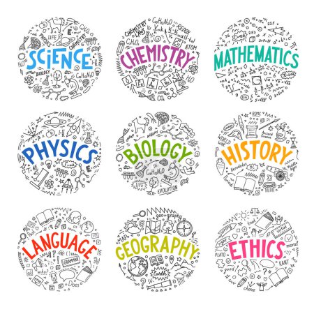 Science, chemistry, mathematics, physics, biology, history, language, geography, ethics school subjects
