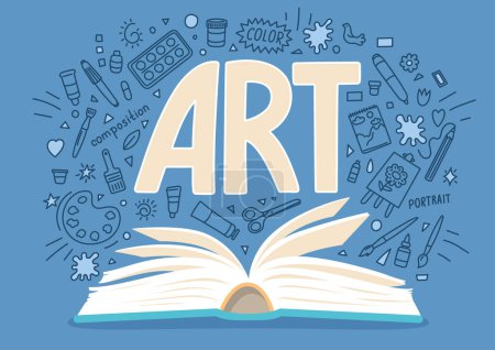 Libro sobre arte. Materia escolar. garabatos dibujados a mano y letras con libro. Concepto de educación artística.