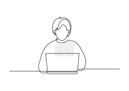 Ilustración de Hombre trabajando en el portátil. Dibujo continuo de línea. - Imagen libre de derechos