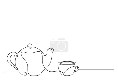 Teezeit. Teekanne mit Tasse Tee vorhanden. Kontinuierliche Linienzeichnung.