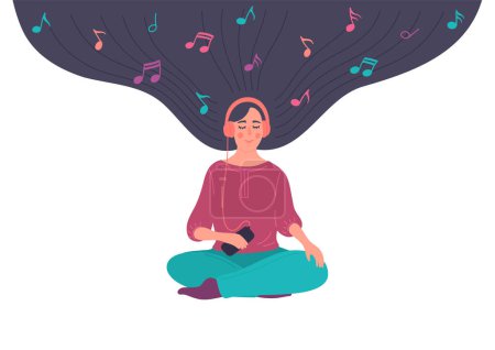 Listen to music. Woman in lotus pose rests and listens to relax melody. Girl with mobile and hair full of notes. Relaxing, lounge, light, chill-out, downtempo, easy, or smooth music concept.
