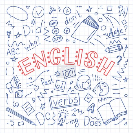 English. Language hand drawn doodles and lettering