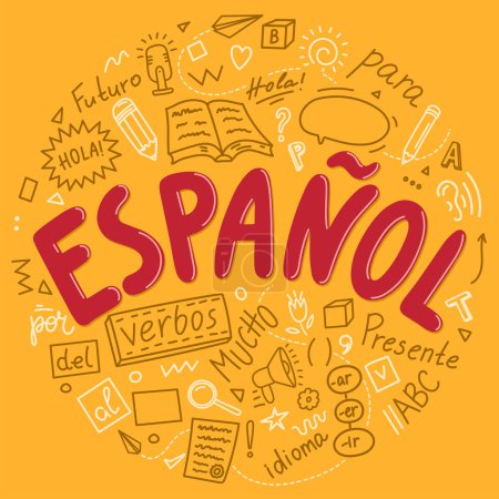 Espanol. Sprachunterricht handgezeichnetes Doodle und Schriftzug in Kreisform