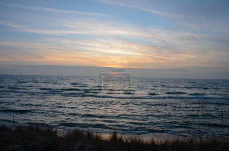 Sunset over lake, waves, ocean, beach, glistening water, ocean sunset, great lakes